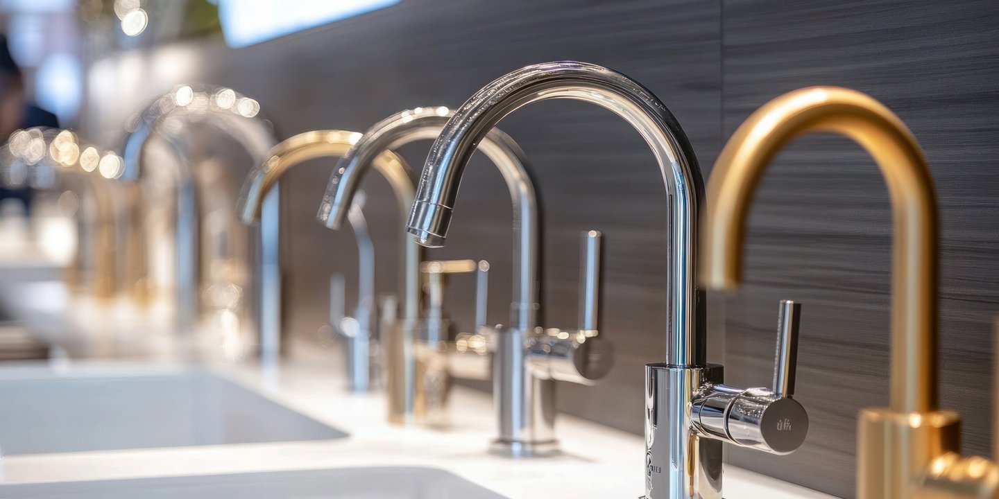 row of taps in a showroom