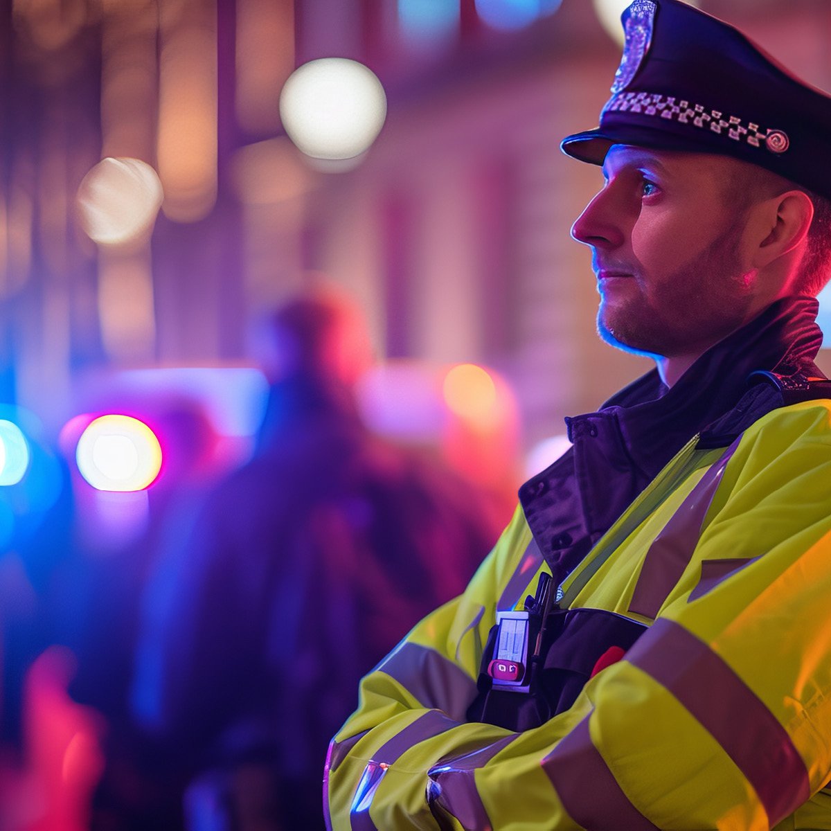 Police officer on patrol in street with blue lights in background