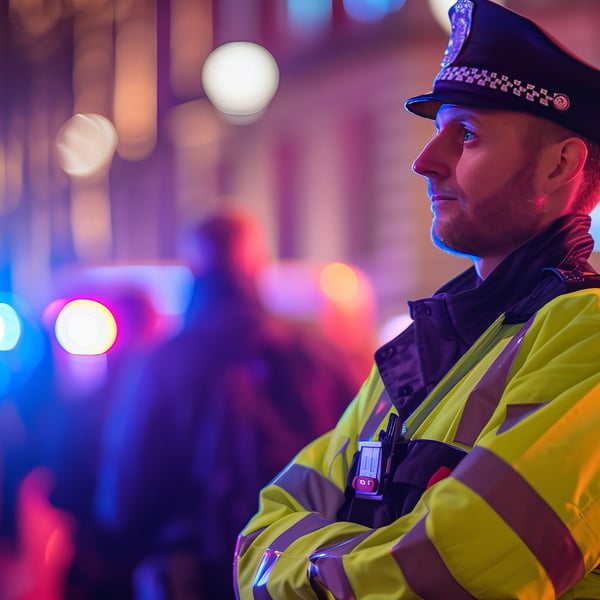 Police officer on patrol in street with blue lights in background