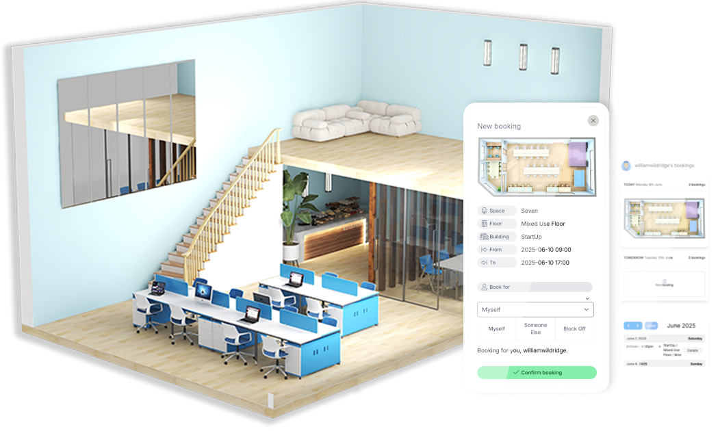 room and desk bookings visualisation of a 3D room and mobile devices showing the booking system on the screen